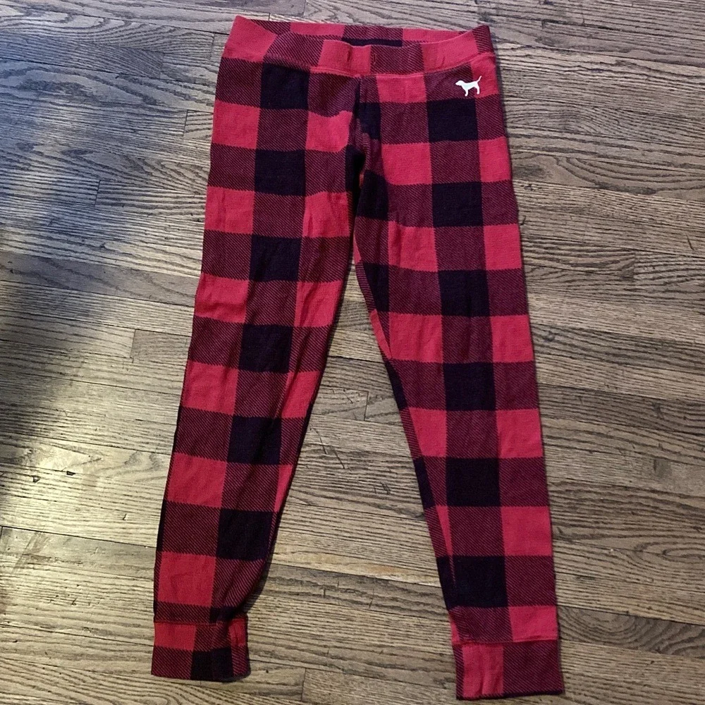 Victorias Secret PINK Buffalo Plaid Pajama Leggings Red Black Waffle Knit Medium
